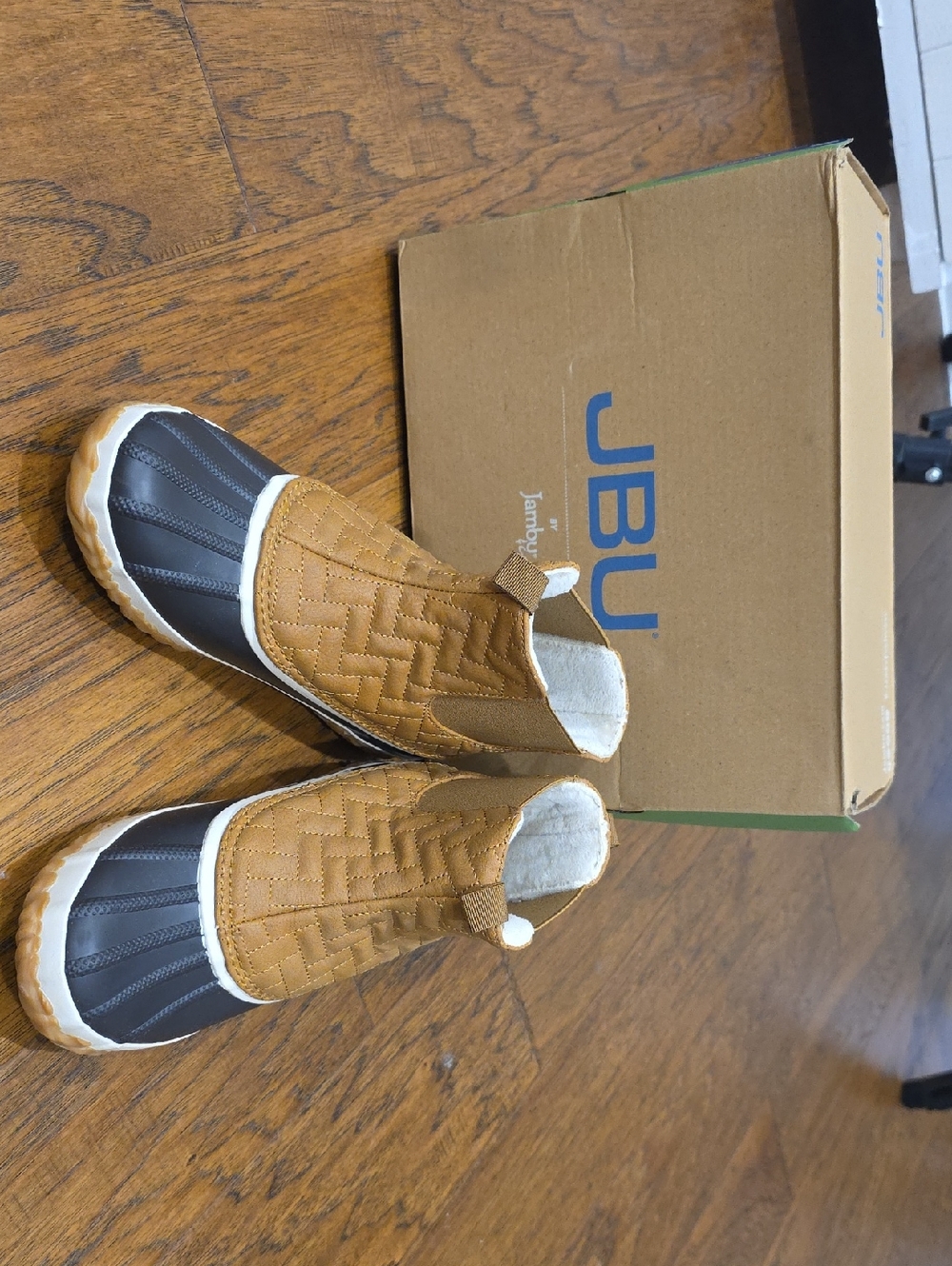 JBU Quilted Slip-On Duck Boots in Tan and Black Waterproof